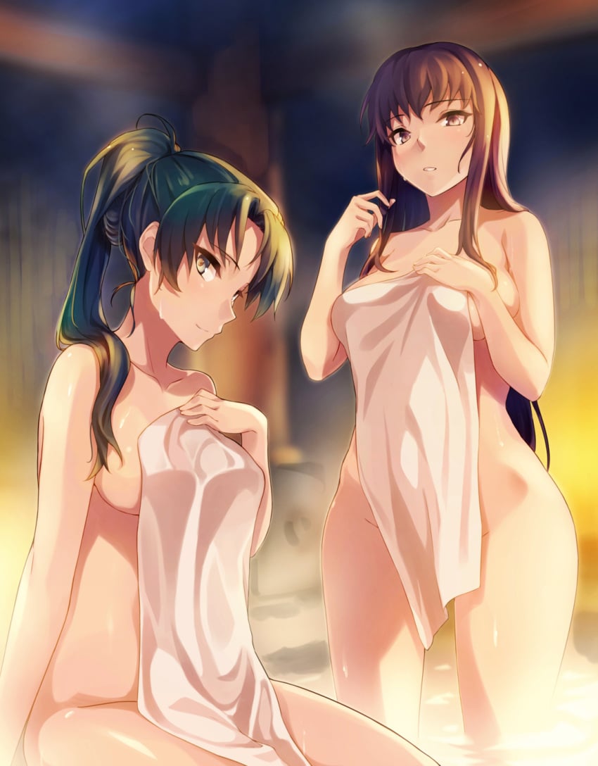 2girls bangs bare_shoulders black_hair blush breasts brown_eyes brown_hair collarbone commentary_request covering fire_emblem fire_emblem:_the_blazing_blade green_eyes green_hair group_bathing high_ponytail highres karla_(fire_emblem) large_breasts long_hair looking_at_viewer lyn_(fire_emblem) multiple_girls naked_towel nintendo nude nude_cover onsen parted_lips ponytail sajittari sidelocks sitting standing towel wading wet wide_hips