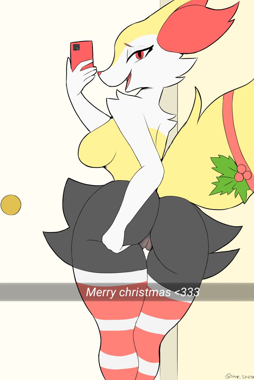 absurd_res anthro anthro_only ass big_ass big_butt black_body black_fur braixen breasts butt canid canine christmas clothing female fur generation_6_pokemon genitals hand_on_ass hand_on_butt hand_on_own_ass heart hi_res holidays inner_ear_fluff legwear mammal mistletoe mistletoe_on_tail nintendo phone pokemon pokemon_(species) pussy selfie sheor snapchat solo tail text thigh_highs thighhighs tuft yellow_body yellow_fur