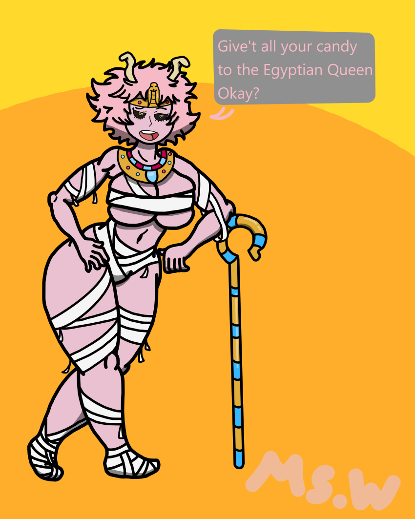 black_sclera comic costume disguise egyptian_jewelry golden_eyes halloween halloween_costume jewelry mina_ashido mswedgie123 mummy_costume mummy_wrappings my_hero_academia pink_hair pink_skin speech_bubble staff text