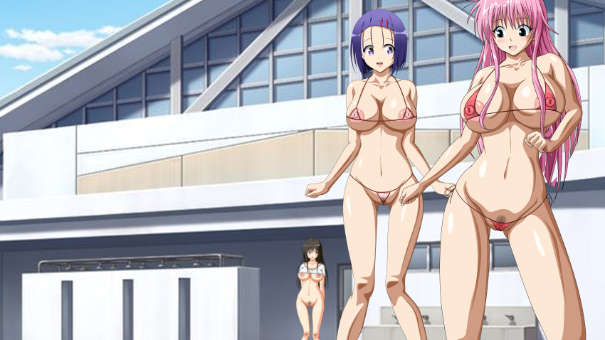 3girls akane_(artist) akane_(cgbox) bikabika bikini bimbo breasts cg_box functionally_nude huge_areolae huge_nipples large_breasts multiple_girls nipples outdoors pink_hair pointless_clothes pointless_clothing public public_indecency public_nudity purple_hair pussy string_bikini swimsuit tagme to_love-ru