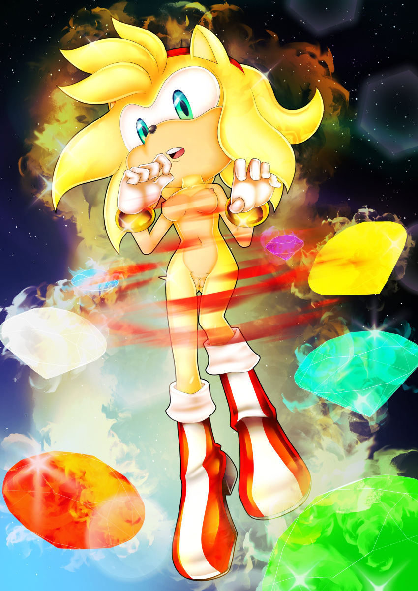 amy_rose aura boots breasts casual emerald_(gem) exposed_breasts exposed_pussy exposed_torso female footwear hairband handwear handwear_and_footwear_only nipples nude pixelboy pussy sonic_(series) sonic_the_hedgehog_(series) space super_amy super_form