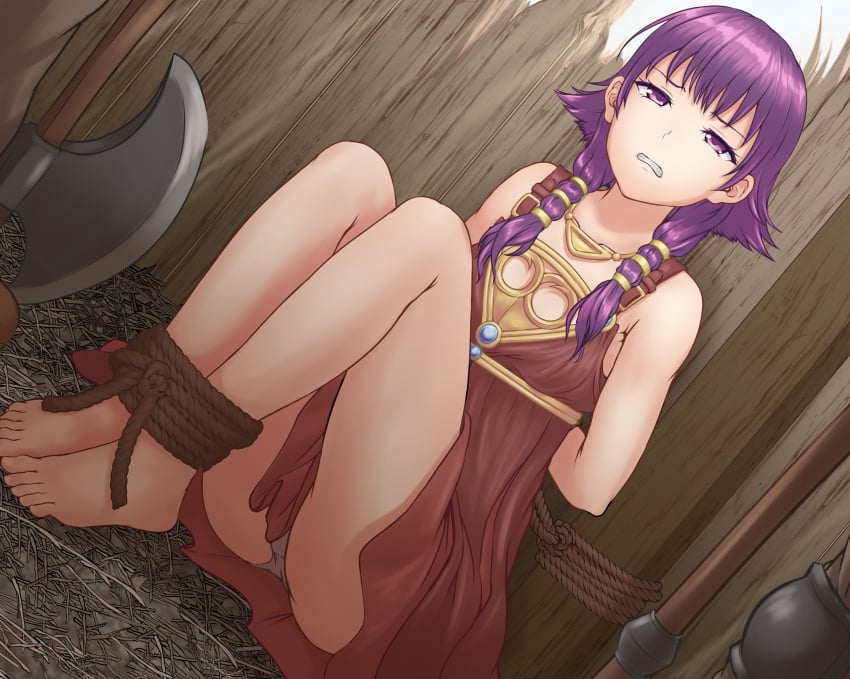 1girls arms_behind_back ass axe bangs bare_legs bare_shoulders barefoot bondage bound bound_legs bound_to_pole bound_wrists breasts captured clenched_teeth dress feet female female_only femsub fire_emblem fire_emblem:_the_sacred_stones grey_panties legs looking_up lute_(fire_emblem) maledom medium_hair nintendo panties pantyshot pantyshot_(sitting) purple_eyes purple_hair rape raseruta scared shoulders sitting small_breasts solo sweat toes torn_clothes underwear undressing upskirt weapon