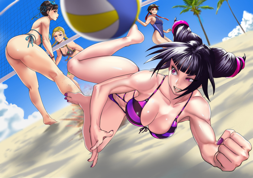 4girls absurdres ass beach bent_over bikini bra cammy_white capcom chun-li curvy double_bun feet female female_only fingernails hair_bun hair_ribbon highres jumping juri_han lips long_fingernails looking_at_another multiple_girls nail_polish one-piece_swimsuit playing_games ribbon sakura_kasugano shiny shiny_hair shiny_skin street_fighter swimsuit teamwork thick_thighs thighs thong thong_bikini underwear volleyball wide_hips yagi_(joe731842)