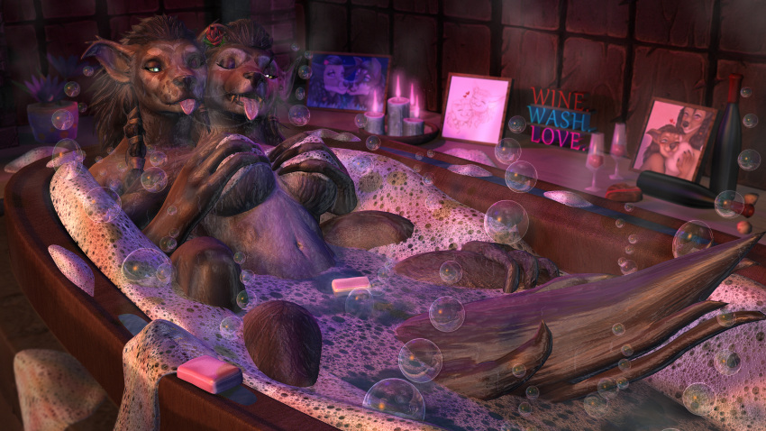 16:9 3d_(artwork) 4k absurd_res accessory after_kiss anthro bangs bathing bathtub big_breasts blizzard_entertainment blush bodily_fluids breast_grab breast_squeeze breasts brown_hair bubble candlelight canid claws closed_eyes digital_media_(artwork) dripping drooling drooling_on_partner duo ears_back ears_down ears_up english_text eye_glint eye_roll eyelashes female female/female flower fluffy fluffy_ears fluffy_tail gesture green_eyes hair hand_on_breast hi_res inside intimate intraspecies light long_claws long_hair looking_at_another looking_pleasured love mammal massage navel nude partially_submerged picture_frame pink_eyes pivoted_ears plant reflection rose_(flower) saliva saliva_drip saliva_on_tongue saliva_string shy_worgen_lady soap squeezing steam steinito suds tail_boner tail_gesture text thick_thighs tongue tongue_out valuthar video_games warcraft warm_colors water were werecanid wet wet_body white_eyes widescreen wine_bottle worgen world_of_warcraft