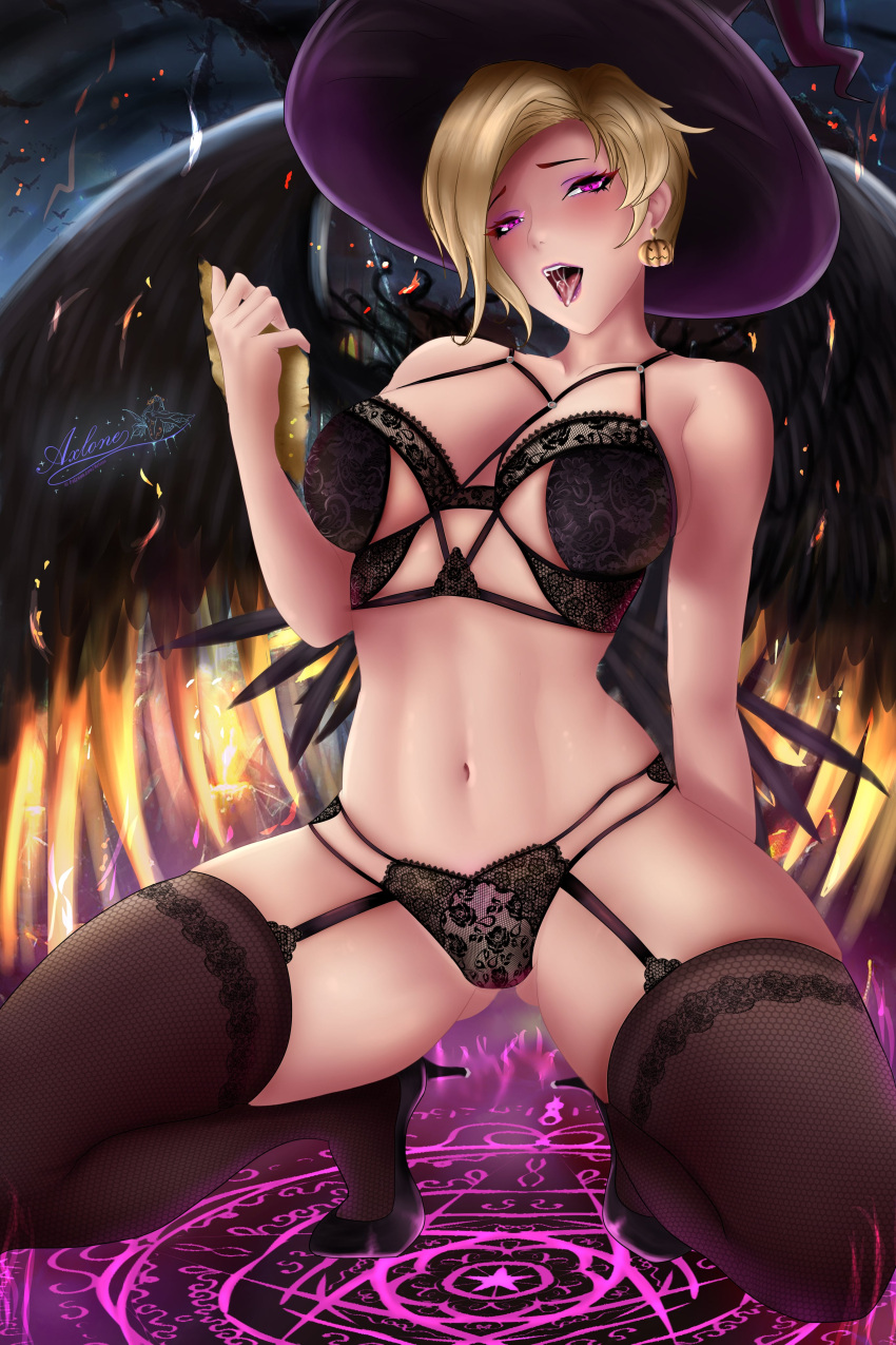 ahe_gao axlone blonde_hair heels high_heels lingerie looking_at_viewer mercy overwatch solo squatting witch witch_hat