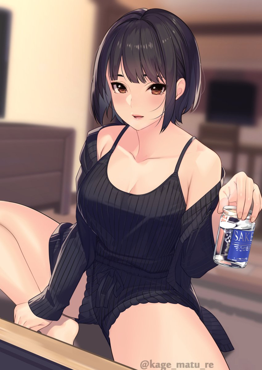 1girls alcohol black_hair blurry_background blush bob_cut breasts brown_eyes camisole cleavage drunk female female_focus highres indoors kagematsuri looking_at_viewer older_sister original original_character sake short_hair thighs