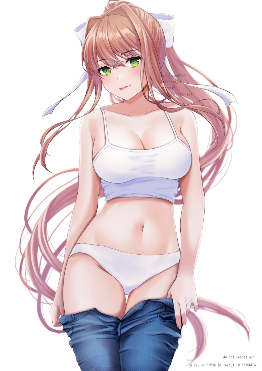 1girls blep brown_hair doki_doki_literature_club female green_eyes looking_at_viewer mitarou_sk monika_(doki_doki_literature_club) panties pants pants_down solo undressing white_background white_bra white_panties