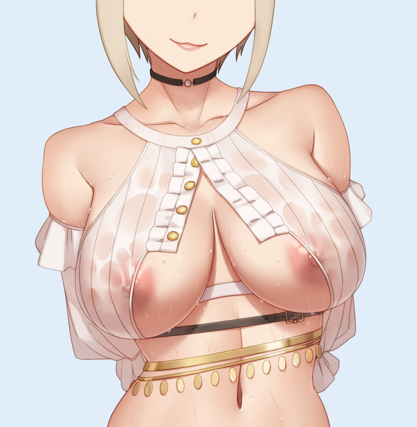 1girls 2022 areola arms_behind_back bare_shoulders belt blonde_hair blue_background breasts center_opening choker closed_mouth collarbone crop_top detached_sleeves facing_viewer female female_only frills head_out_of_frame highres idolmaster idolmaster_cinderella_girls idolmaster_cinderella_girls_starlight_stage large_breasts light-skinned_female light_skin navel nipples partially_unbuttoned qingmingtongzi revealing_clothes see-through shiomi_syuko shirt short_hair smile solo sweat upper_body wet wet_clothes wet_shirt white_shirt