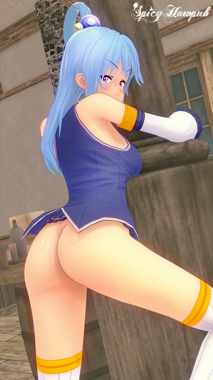 1girls 3d aqua_(konosuba) ass bent_over butt dat_ass drunk female female_only kono_subarashii_sekai_ni_shukufuku_wo! panties petite ponytail presenting_ass skirt solo spicyhawpuh thighhighs