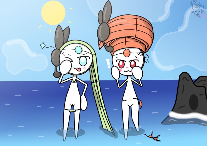 bikini bikini_bottom bikini_down bikini_top blush clothing digital_media_(artwork) duo female female/female feral generation_5_pokemon genitals green_hair hair hi_res legendary_pokemon long_hair luluwoo mammal meloetta meloetta_(aria_form) meloetta_(pirouette_form) nintendo pokemon pokemon_(species) pussy seaside swimwear tongue video_games