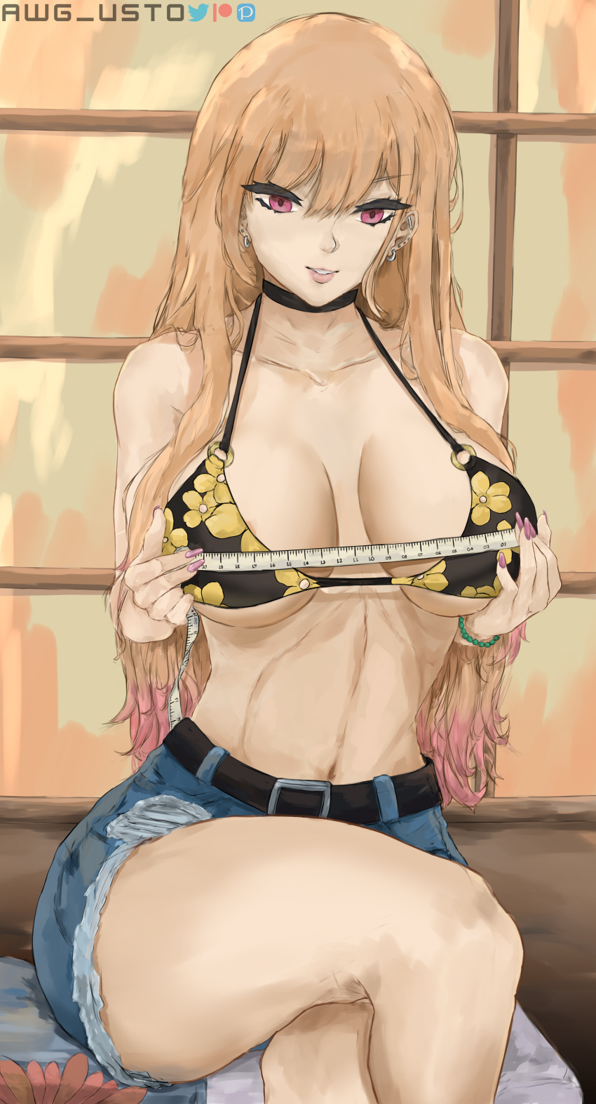 awg_usto bikini bikini_top blonde_hair bra cleavage gyaru kitagawa_marin long_fingernails measuring measuring_tape red_eyes sono_bisque_doll_wa_koi_wo_suru