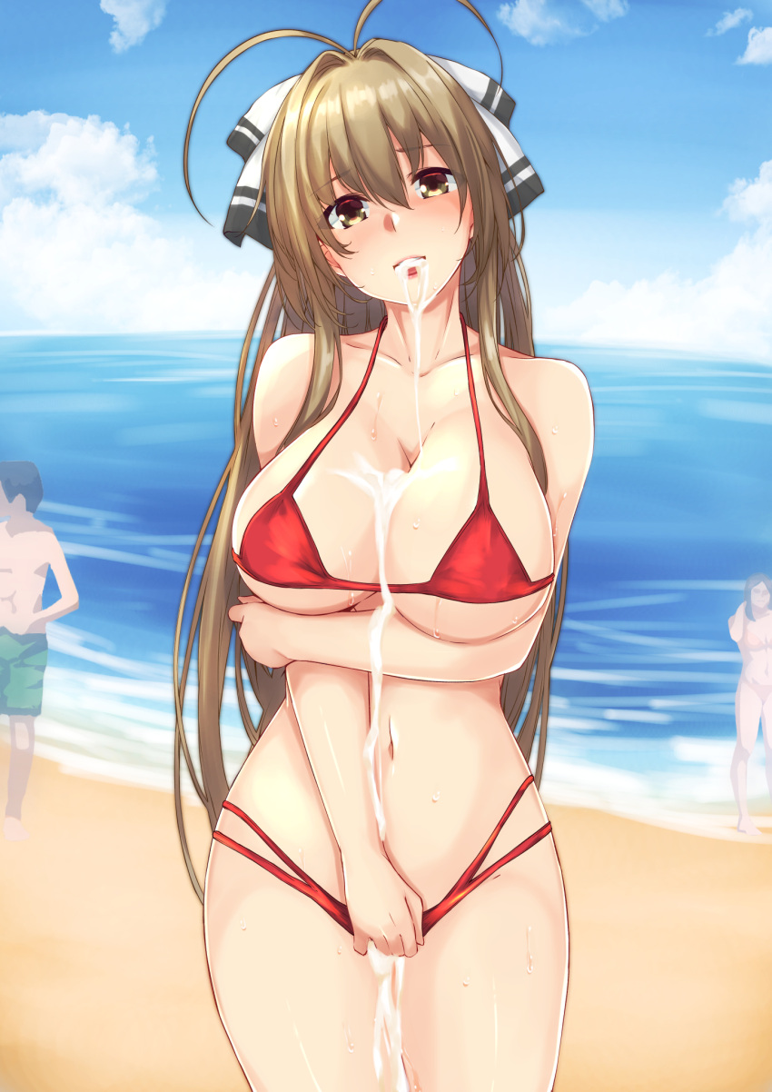 1girls amagi_brilliant_park arm_under_breasts beach bikini brown_eyes brown_hair cum cum_drip cum_in_mouth cum_on_body cum_on_breasts cum_on_face female hand_covering_pussy long_hair looking_at_viewer nude nude_female open_mouth open_smile ponytail pussy_juice red_bikini sento_isuzu smile smiling smiling_at_viewer solo_focus white_ribbon