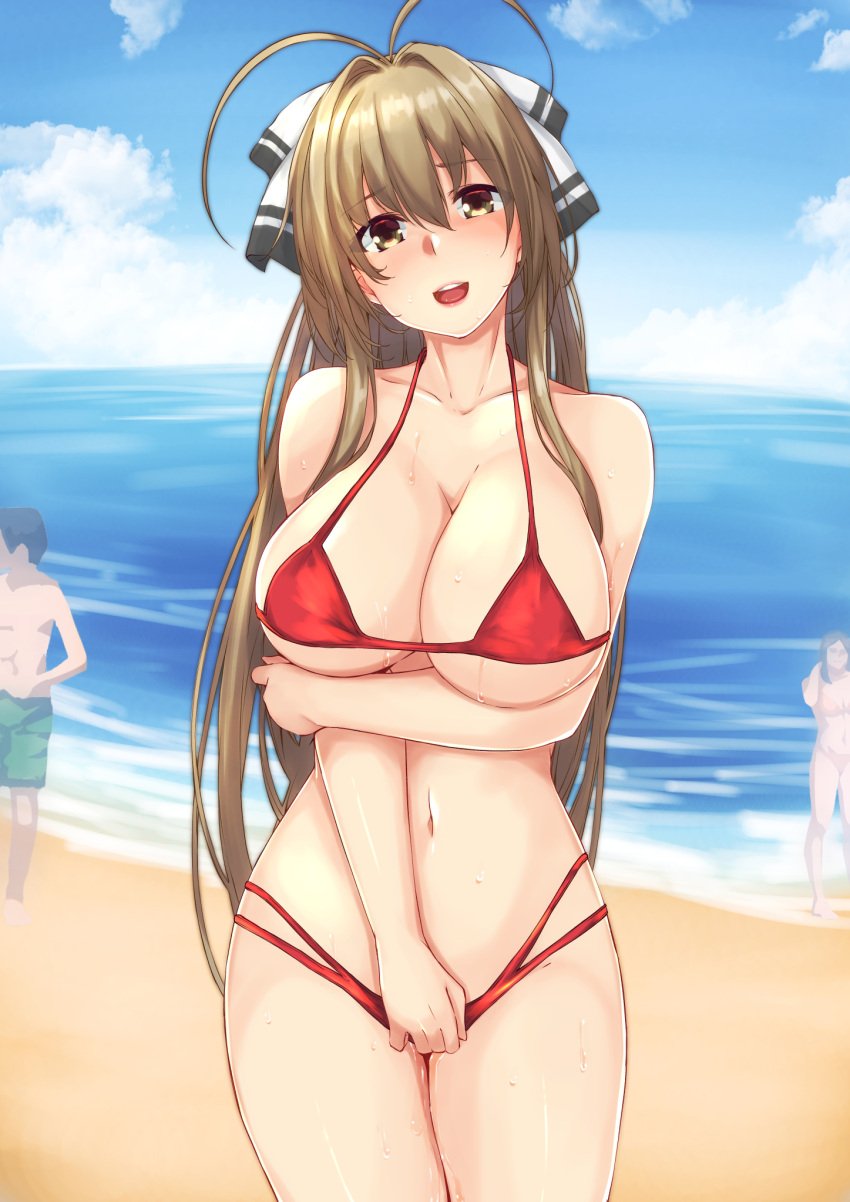 1girls amagi_brilliant_park arm_under_breasts beach bikini brown_eyes brown_hair female hand_covering_pussy long_hair looking_at_viewer nude nude_female open_mouth open_smile ponytail pussy_juice red_bikini sento_isuzu smile smiling smiling_at_viewer solo white_ribbon