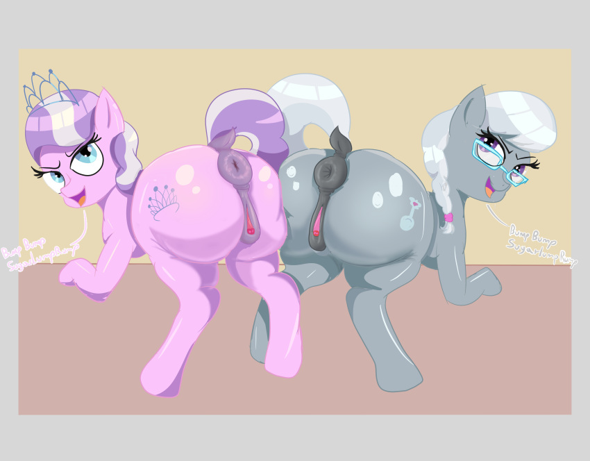 absurd_res anus ass ass_to_ass big_butt bubble_butt cutie_mark diamond_tiara_(mlp) duo earth_pony english_text equid equine eyewear female female/female feral friendship_is_magic genitals glasses hair hasbro hi_res horse huge_butt looking_back maldoando mammal multicolored_hair my_little_pony pony pussy silver_spoon_(mlp) simple_background text two_tone_hair young