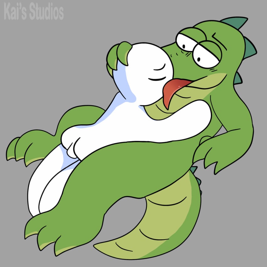 anthro green_body grey_background hi_res human human_on_anthro kais_studios male/male max_(oddballs) netflix oddballs reptile theodd1sout_(character) white_body