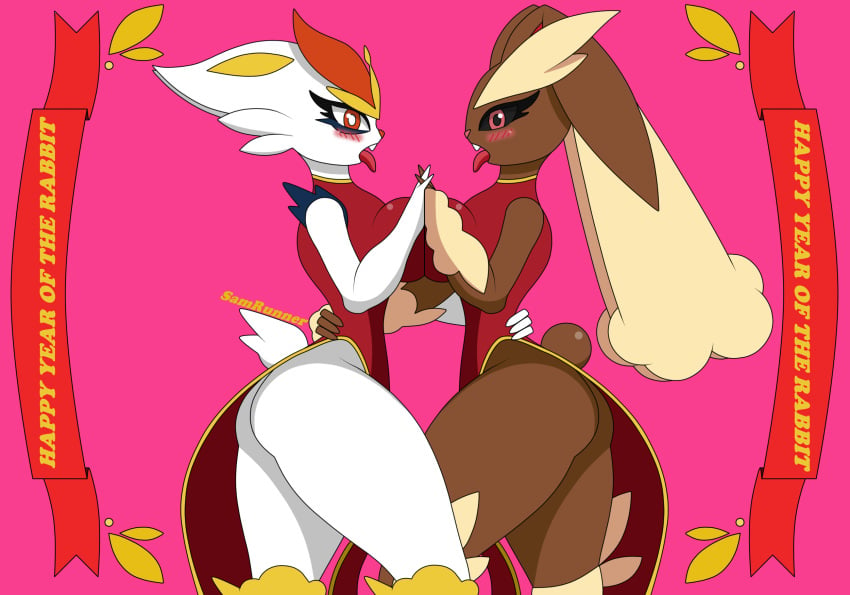 2girls anthro ass big_ass big_breasts big_butt breasts bunny_girl cinderace clothed clothing female fur furry looking_at_viewer lopunny pokémon_(species) pokemon pokemon_(species) rabbit samrunner thick_thighs thighhighs thighs year_of_the_rabbit