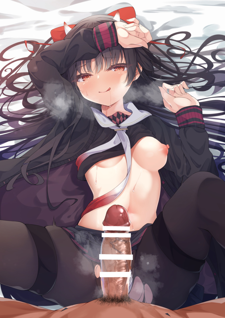 1boy 1girls azur_lane bar_censor bed black_hair blush bow breasts censored commentary_request dark-skinned_male dark_skin erect_penis erection female hairbow heavy_breathing highres horns light-skinned_female light_skin long_hair looking_at_viewer madotsukumo medium_breasts oni oni_female oni_horns pantyhose penis red_eyes sakawa_(azur_lane) sakura_empire_(azur_lane) school_uniform smile solo tongue tongue_out