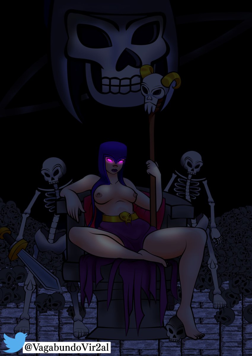 areolae breasts breasts_out clash_(series) clash_of_clans clash_royale dark_background glowing_eyes gold_belt loincloth nipples pale_skin pile_of_skulls purple_clothing purple_eyes purple_lipstick skeleton skeleton_(clash_of_clans) staff sword thighs throne topless topless_female vagabundovir2al_(art) veil witch_(clash_of_clans)