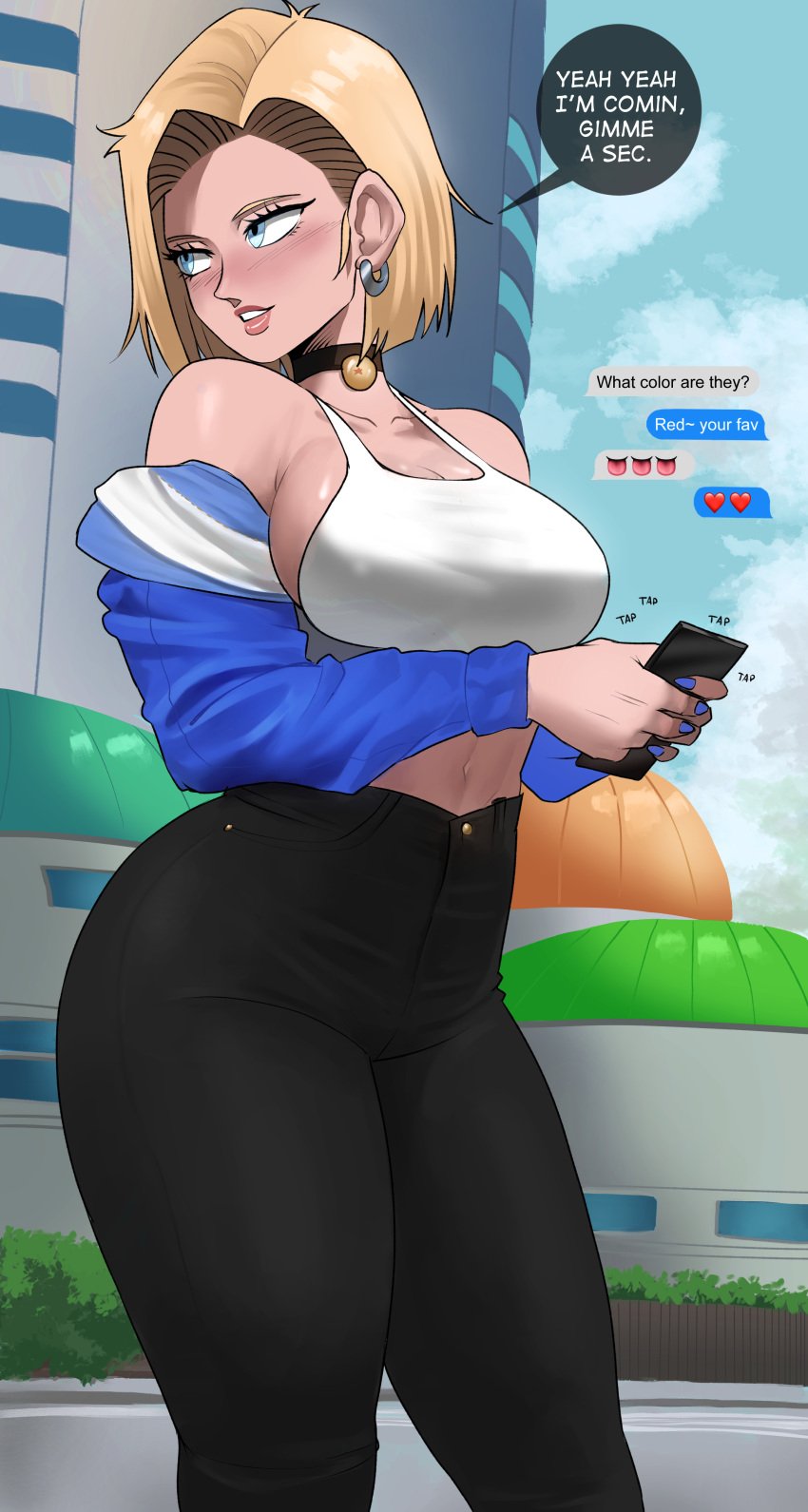 1girls absurd_res android_18 blonde_hair blue_eyes breasts denim denim_bottomwear denim_clothing denim_jeans dragon_ball dragon_ball_super dragon_ball_z echosaber female hi_res hips holding_object jeans large_breasts light-skinned_female light_skin phone sexting short_hair slim_waist solo thick_thighs thighs wide_hips