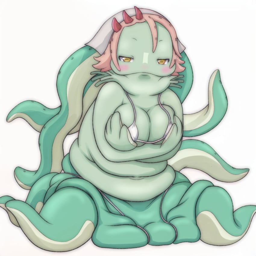 big_breasts bikini blush breast_hold chubby chubby_female cleavage female female_only full_body green_body green_skin headscarf horns looking_at_viewer made_in_abyss micro_bikini monster_girl moogie_(made_in_abyss) narehate solo swimsuit tentacle_hair tentacle_monster teratophilia tjiro white_bikini yellow_eyes