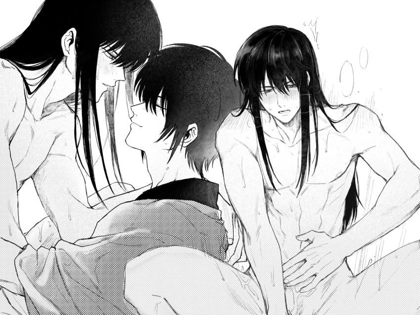 2boys blush clothed_male_nude_male gay gintama hand_on_stomach implied_sex katsura_kotarou llemonyyyy long_hair long_hair_male looking_at_another male male_only monochrome nude nude_male smile spread_legs sweat takasugi_shinsuke toned toned_male yaoi