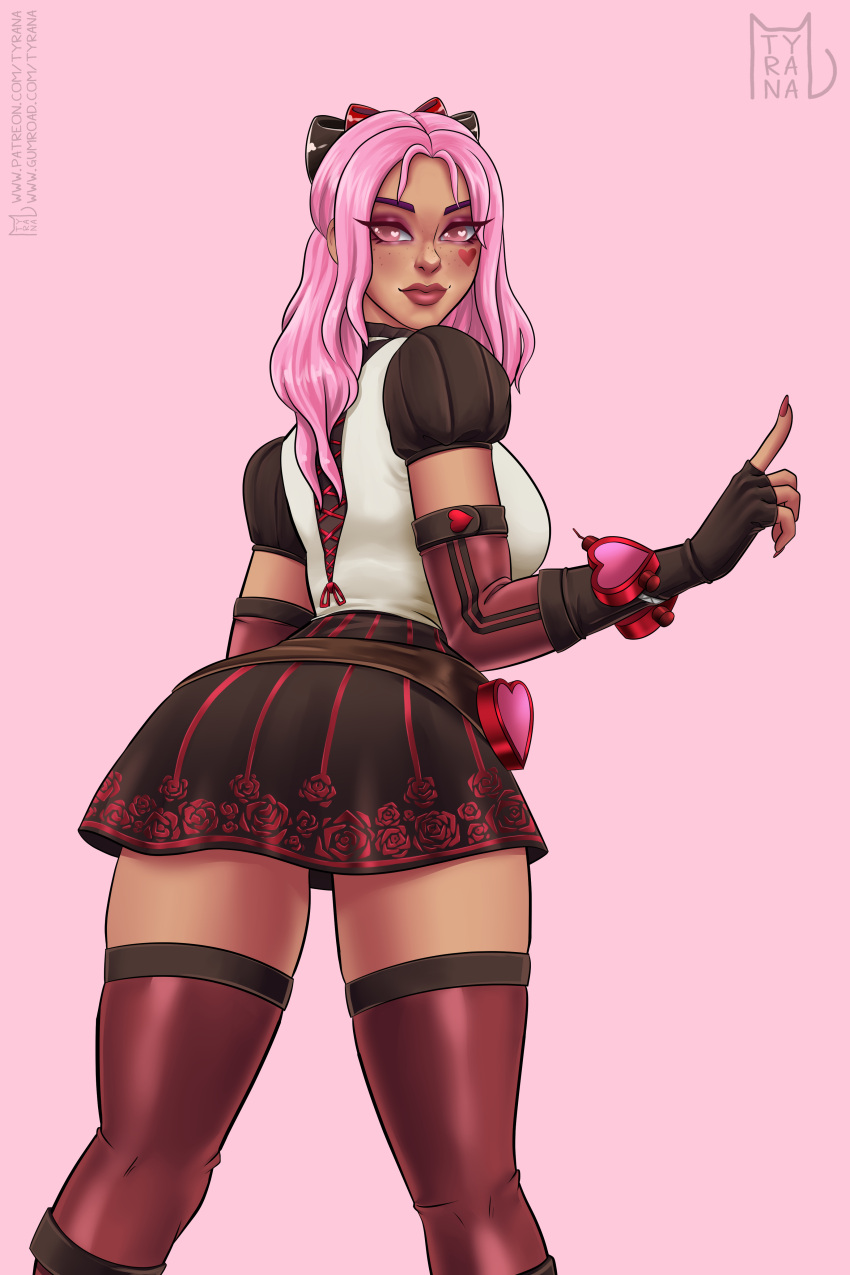 1girls 2d_(artwork) blush bow_ribbon digital_media_(artwork) female_focus fortnite heart_accessory heart_tattoo light-skinned_female long_hair looking_at_viewer looking_back lovely_(fortnite) pink_hair pink_lipstick red_nails red_skirt simple_background skirt solo_female stockings thighs tyrana video_games watermark white_shirt