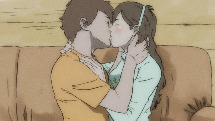 1boy1girl 2d aged_up brother_and_sister brown_hair brunette color dipper_pines disney female gravity_falls headband headwear human incest kissing long_hair mabel_pines male small_breasts small_waist straight_hair teenager temon thin