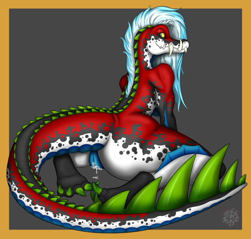 abigaile absurd_res anthro ass black_body black_scales blue_hair bodily_fluids claws crocodilian crocodylomorph cum digital_media_(artwork) dinosaur fangs feet female fin genital_fluids genitals green_spikes grey_background hair hi_res kaprosuchus long_hair looking_at_viewer multicolored_hair nude pussy red_body red_scales reptile scales scalie simple_background smile solo teeth tribal_paw two_tone_hair white_body white_scales