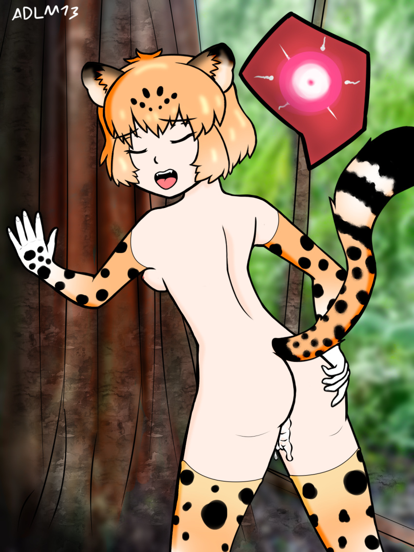 adlm13 after_sex after_vaginal animal_ears closed_eyes cum_in_pussy cum_inside fangs fertilization gloves impregnation internal jaguar_(kemono_friends) jaguar_ears jaguar_print jaguar_tail kemono_friends kemonomimi naked_stockings open_mouth ovum sperm_cell standing standing_sex stockings tail tree