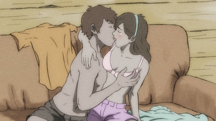 1boy1girl 2d aged_up bra brother_and_sister brown_hair brunette color dipper_pines disney female gravity_falls hand_on_breast headband headwear human incest kissing long_hair mabel_pines male romantic shirtless shorts small_breasts small_waist straight_hair teenager temon thin undressing