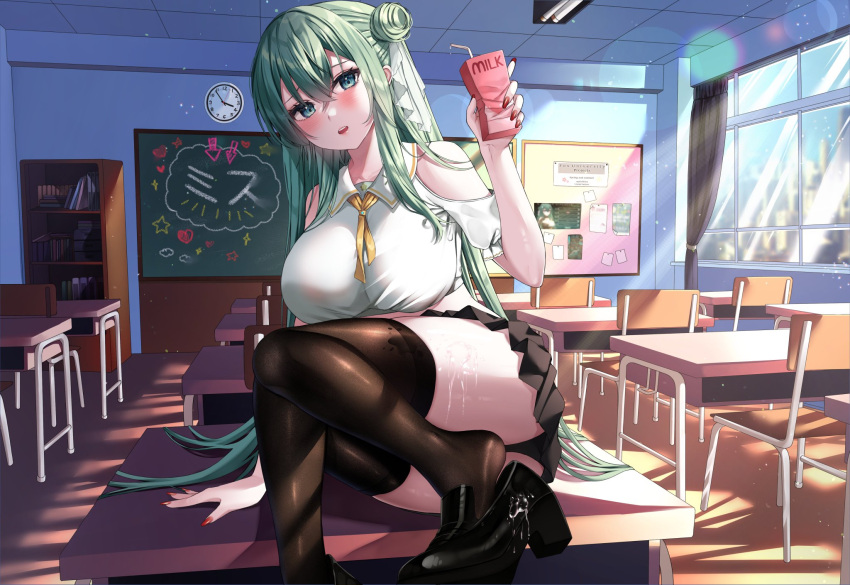 1girls black_panties black_shoes black_skirt black_socks blush bookshelf classroom clock clothed clothing desks female female_only green_eyes green_hair hair_ornament indie_virtual_youtuber indoors large_breasts light-skinned_female light_skin loafers long_hair looking_at_viewer milk milk_carton misu_(vtuber) on_desk panties red_nails room school_uniform schoolgirl see-through_clothing shoes skirt socks solo spilling_milk stockings sunlight thigh_socks thighhighs virtual_youtuber vitaminechan