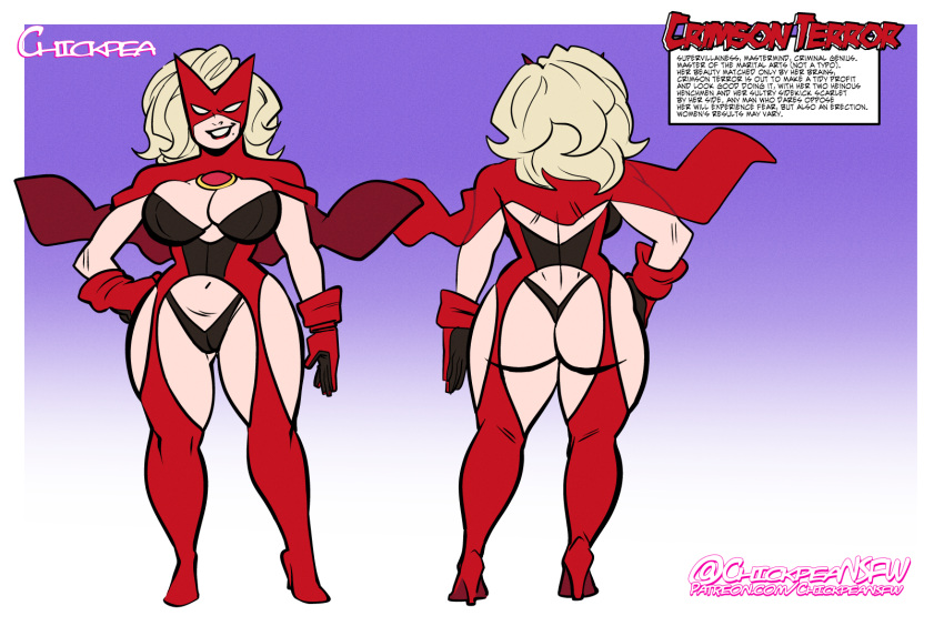 1girls big_ass big_breasts big_butt blonde_hair breasts brooch cape capelet character_sheet chickpea crimson_terror english_text expressive_mask eyemask fat_ass gloves hand_on_hip heels huge_ass huge_butt lipstick mask masked_female mole mole_under_mouth original original_character pawg purple_background simple_background smile spandex standing superhero_costume supervillain supervillainess text turnaround white_skin