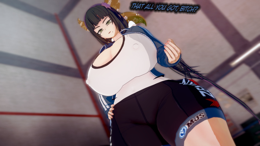 1girls 3d alternate_breast_size beauty_mark big_breasts black_hair breasts chabashira_tenko danganronpa danganronpa_v3 female fenrirsjaw gigantic_breasts green_eyes huge_breasts insult insulting_viewer koikatsu large_breasts looking_at_viewer looking_down looking_down_at_viewer nipples shorts solo solo_female straight_hair thick_thighs