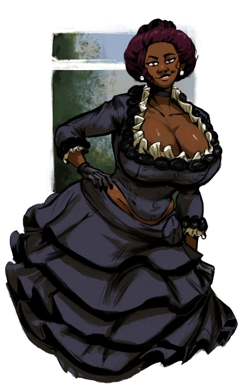 1girls black_dress black_gloves breasts cleavage dark-skinned_female dark_skin dress female female_only frilled_skirt frills gloves hand_on_hip huge_breasts lips nose original pompadour redblacktac smile solo_female updo victorian