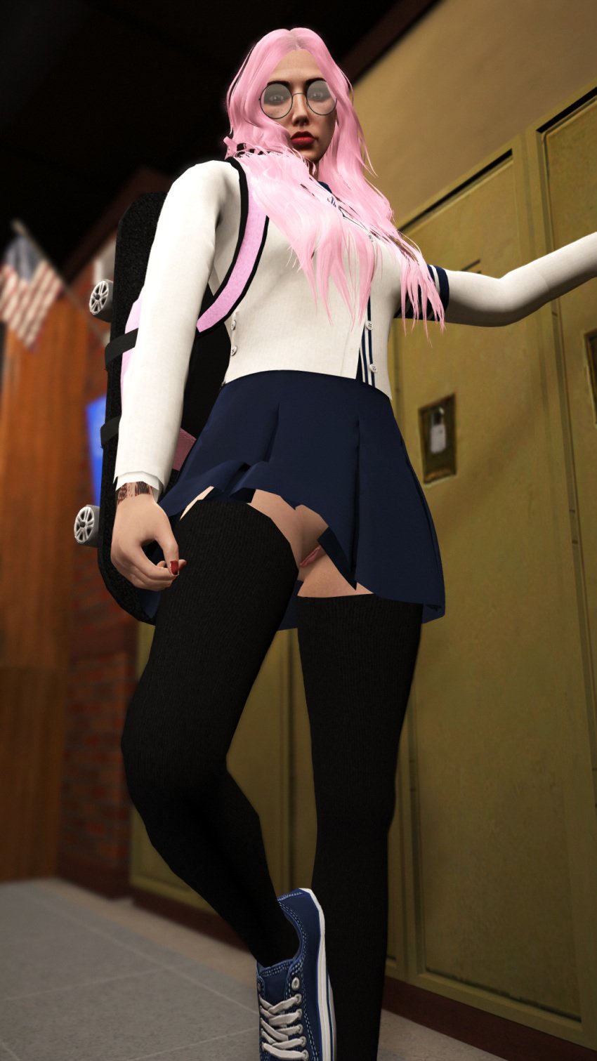 backpack erin_cox glasses grand_theft_auto grand_theft_auto_online grand_theft_auto_v nopixel pink_hair pussy school school_uniform schoolgirl showing_pussy symphony tagme tattoo thighhighs upskirt