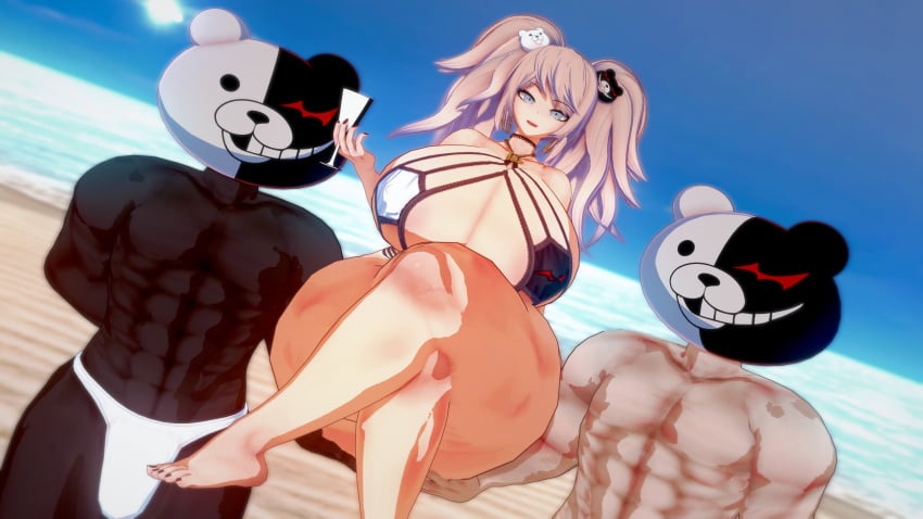 1girls 2boys 3d bikini blonde_hair danganronpa danganronpa:_trigger_happy_havoc dark_skin feet female fenrirsjaw gyaru huge_breasts junko_enoshima legs_crossed monokuma straight_hair swimsuit tagme