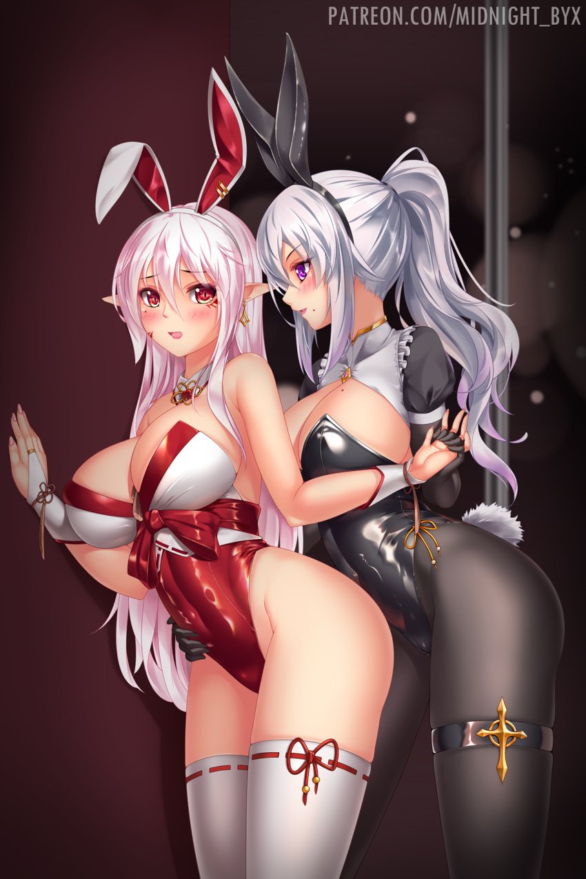 2girls animal_ears black_gloves black_pantyhose blush breasts bridal_gauntlets detached_collar earrings elbow_gloves facial_mark fake_animal_ears gloves highres huge_breasts jewelry large_breasts leotard long_hair midnight_(banyex) multiple_girls nontraditional_miko original pantyhose pink_hair playboy_bunny pointy_ears ponytail purple_eyes rabbit_ears rabbit_tail red_eyes strapless strapless_leotard tail thighhighs watermark web_address white_hair white_thighhighs yuri_sakazaki