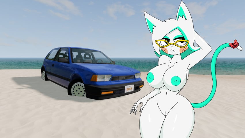 anthro arms_behind_backsack arms_up beach beamng_drive black_eyes blue_and_black_hair blue_and_white_tail blue_nipples breasts car cat_ears cat_humanoid cat_tail catgirl feline female_only ibishu_(beamng_drive) ibishu_covet_(beamng_drive) karen_(smg4) karen_katphish karensmg4 long_hair long_white_hair nude nude_female ocean red_ribbon sand smg4 vagina water white_body white_fur white_skin