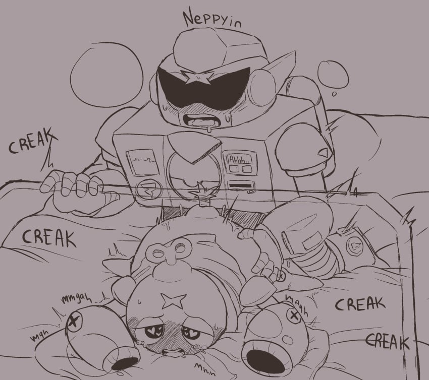 bed brawl_stars heart-shaped_pupils neppyin no_color request robot surge_(brawl_stars) tick_(brawl_stars)