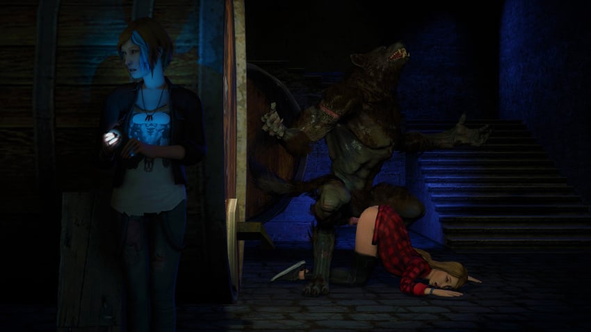 2girls 3d animal_genitalia anthro anthro_on_female anthro_on_human blonde_hair blue_eyes blue_hair blue_streak cellphone chloe_price defeated eyes_rolling_back female_on_anthro hiding howling life_is_strange life_is_strange:_before_the_storm light-skinned_female listening listening_to_sex long_hair mktrreekky monster pants_down rachel_amber rape scared scared_expression short_hair source_filmmaker straight torn_clothes vaginal_penetration vaginal_sex werewolf wine_cellar