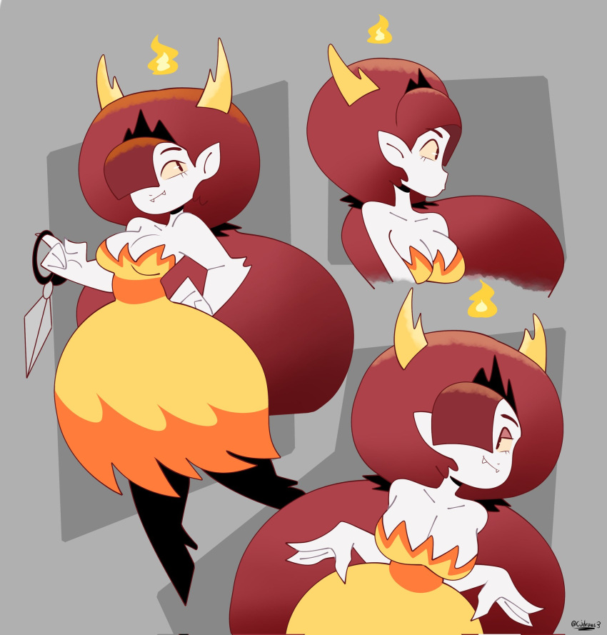 1girls big_breasts breasts cjdraws_3 clothed_female clothing dress fangs female female_only hair_over_one_eye hand_on_hip hekapoo horned_humanoid horns large_breasts looking_at_viewer looking_away one_eye_covered pointy_ears red_hair signature smile smiling smiling_at_viewer solo star_vs_the_forces_of_evil white_body white_skin yellow_sclera