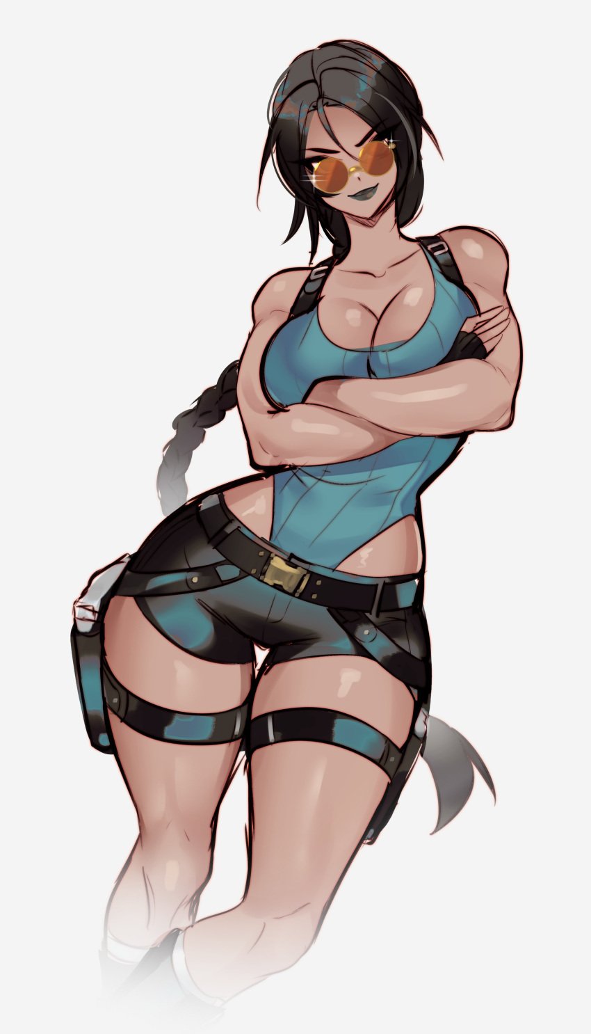 1girls 2022 belt belt_buckle belt_straps big_breasts big_thighs black_hair black_lipstick bladechan28 blue_clothing blue_leotard boots booty_shorts braided_hair braided_ponytail breasts busty cleavage cleavage_cutout clothed_female clothing crossed_arms crossed_legs crossed_legs_(standing) eye_contact eyebrows eyebrows_visible_through_hair eyelashes eyelashes_visible_through_hair eyewear female female_focus female_only fingerless_gloves glistening glistening_body gloves green_eyes gun gun_holster hi_res highres hips holstered_weapon hourglass_figure lara_croft lara_croft_(classic) large_breasts large_thighs leaning_against_wall leaning_on_wall leotard leotard_under_clothes lipstick long_hair looking_at_viewer looking_over_eyewear looking_over_glasses looking_over_sunglasses muscular muscular_female orange-tinted_eyewear ponytail pouch pouches red-tinted_eyewear shine shiny_skin short_shorts shorts shoulder_straps simple_background slim slim_waist smile smiling smiling_at_viewer socks solo solo_female solo_focus standing straps sunglasses thick_thighs thigh_pouch thigh_strap thighs tinted_eyewear tomb_raider toned toned_female voluptuous white_background wide_hips