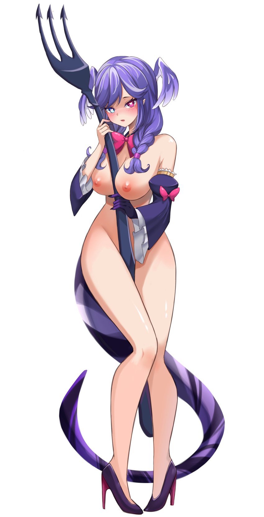 1girls bare_shoulders big_breasts big_fork blush breasts bunkinspice dragon_girl dragon_hand dragon_tail female female_only fork hair_wings head_wings heart-shaped_pupils heels heterochromia high_heels legs light-skinned_female light_skin looking_at_viewer neck_ribbon nijisanji nijisanji_en no_panties nude nude_female object_between_breasts object_between_thighs purple_hair ribbon selen_tatsuki solo thighs twin_braids virtual_youtuber