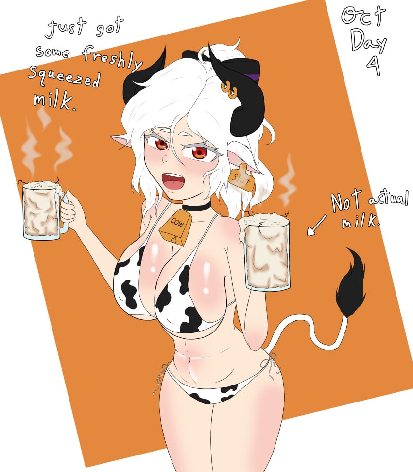 1girls big_breasts bikini cow_girl cow_print cow_tail cowbell cowkini cum_in_container cum_mug dialogue ear_tag female female_only fumiko_(hoonter) glass_mug glass_of_cum hoonter horn_piercing horns light-skinned_female light_skin oc original_character red_eyes semen thick_thighs white_hair