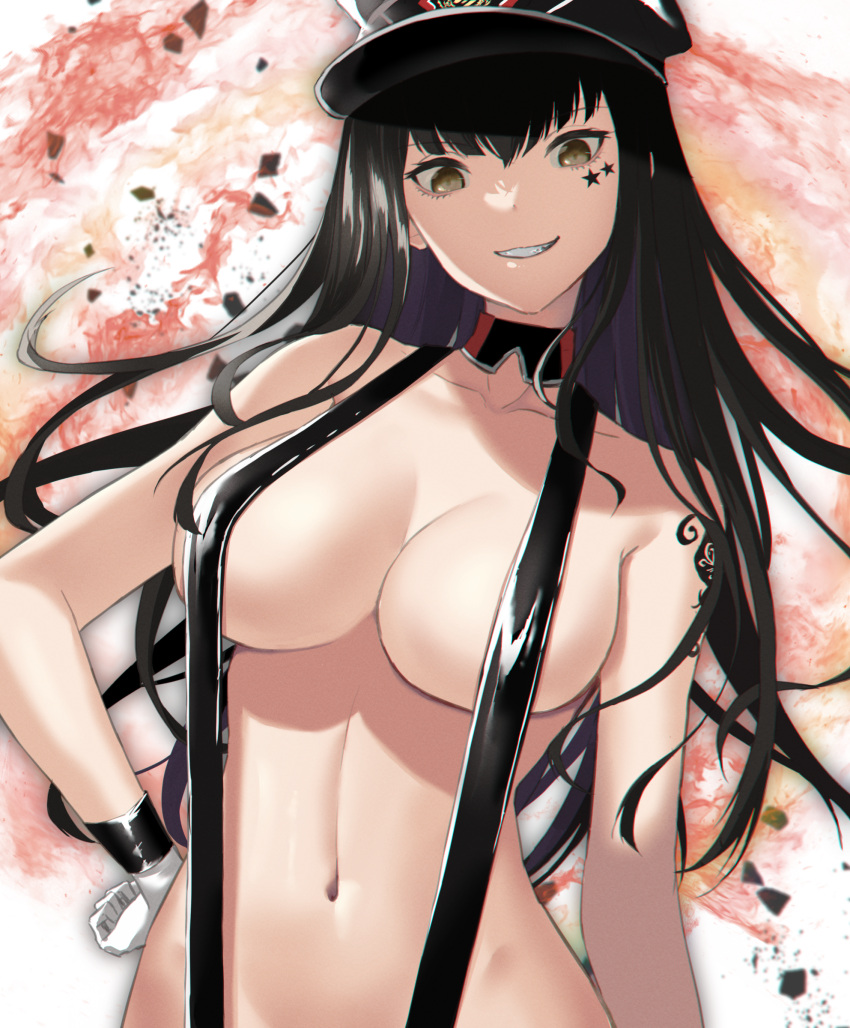 1girls big_breasts breasts brown_eyes busty cleavage female female_only gloves grin hand_on_hip hat highres large_breasts looking_at_viewer miss.dd naked_suspenders navel nude pose posing sensual smile solo sound_voltex suspenders voluptuous