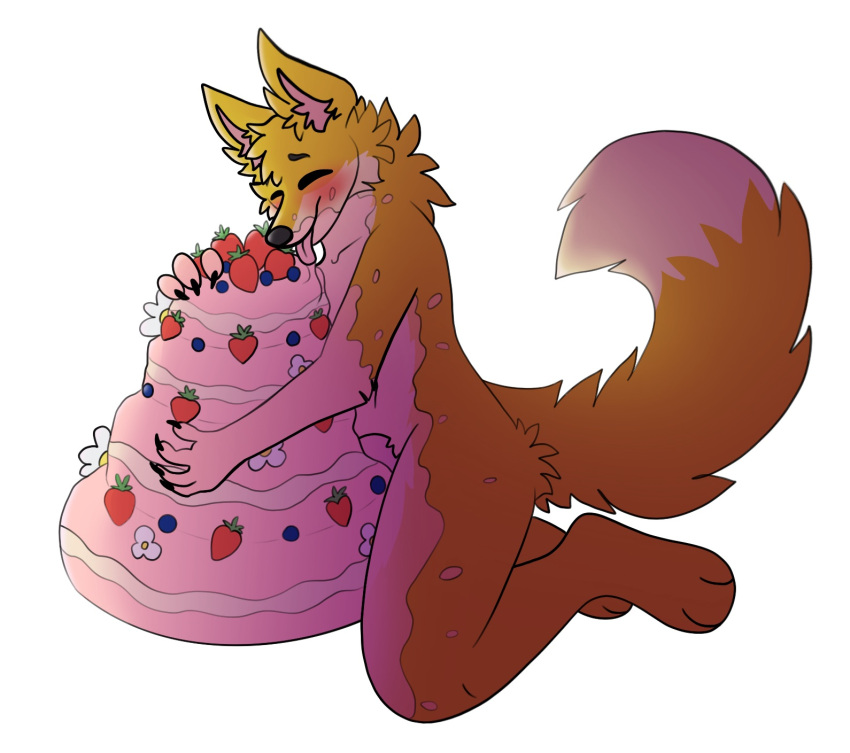 1boy anthro balls_deep blueberry_(fruit) blush blushing_profusely cake canid canine closed_eyes dessert dirty eating eating_food fehn_fennec fennec flower food food_fetish food_play fox fruit fur genitals grabbing_from_behind happy hi_res icing kaymation kneeling male male_only mammal nude penetration penis pink_penis plant smile solo strawberry tan_body tan_fur tongue tongue_out yellow_body