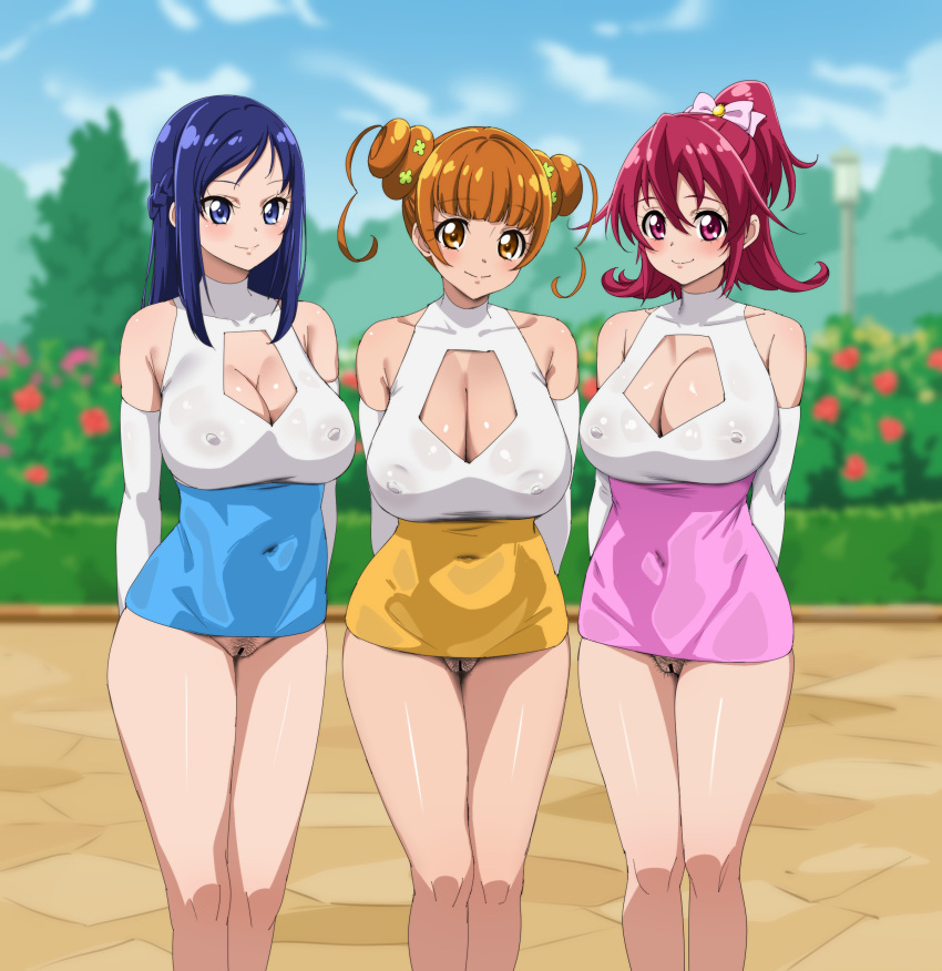 3girls absurdres aida_mana asahi_broadcasting_corporation bandai_namco bangs bar_censor bare_shoulders blue_eyes blue_hair blue_skirt blunt_bangs bow breasts censored cleavage cleavage_cutout clothing clothing_cutout cloud covered_nipples day detached_sleeves dokidoki!_precure double_bun erect_nipples erect_nipples_under_clothes flower fuooooo groin hair_bun hairbow highres hishikawa_rikka large_breasts legs looking_at_viewer multiple_girls no_panties orange_eyes orange_hair orange_skirt outdoors pink_bow pink_eyes pink_skirt precure pretty_cure pubic_hair pussy red_hair short_twintails skirt sky smile standing toei_animation twintails yotsuba_alice