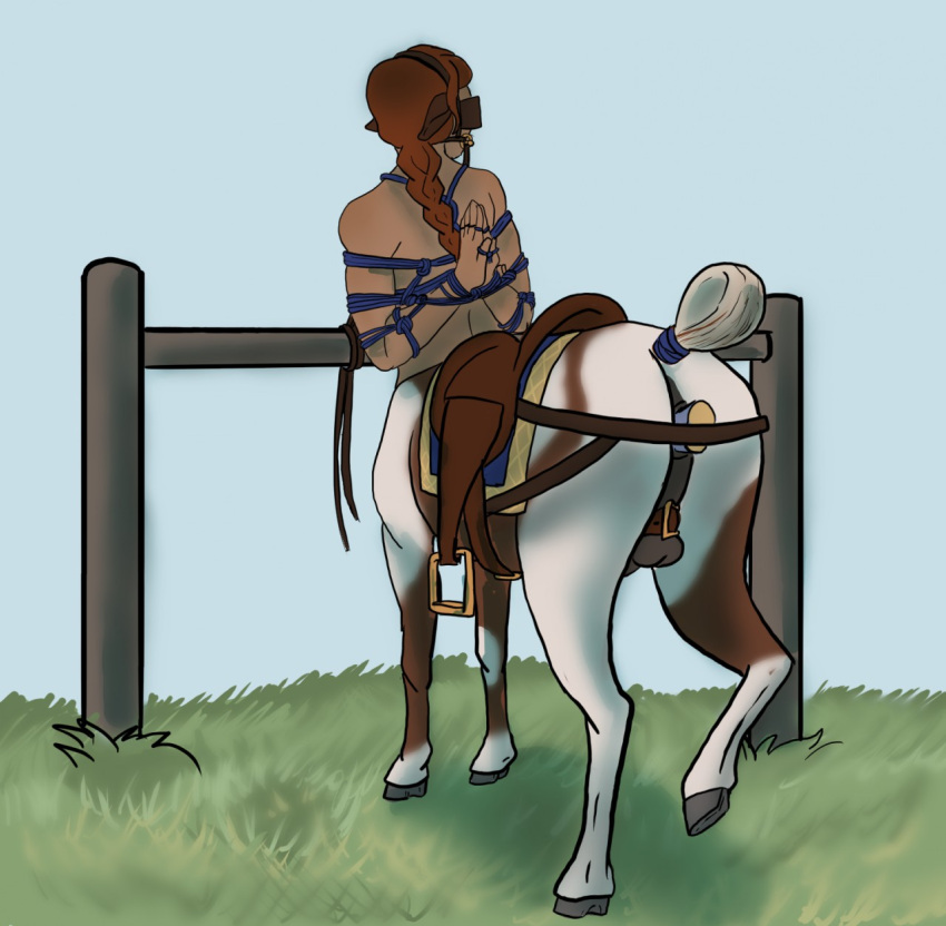 2020 anal anal_sex animal_genitalia arms_tied balls bit_gag blinders bondage bound bridle centaur digital_media_(artwork) dildo dildo_in_ass dildo_insertion equid equid_taur equine_anus eyewear gag genitals hair hands_behind_back hi_res hitching_post hooves male mammal mammal_taur multicolored_body penetration petpolaris raised_leg reins restraints reverse_prayer rope rope_bondage saddle sex_toy sex_toy_in_ass sex_toy_insertion solo stirrups tail_wraps taur tied_balls two_tone_body wraps