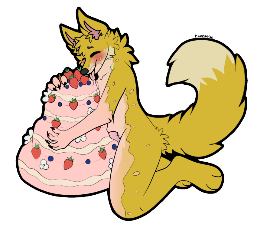 1boy anthro balls_deep blueberry_(fruit) blush blushing_profusely cake canid canine closed_eyes dessert dirty eating eating_food fehn_fennec fennec flower food food_fetish food_play fox fruit fur furry genitals grabbing_from_behind happy hi_res icing kaymation kneeling male male_only mammal nude penetration penis pink_penis plant smile solo strawberry tail tan_body tan_fur tongue tongue_out yellow_body