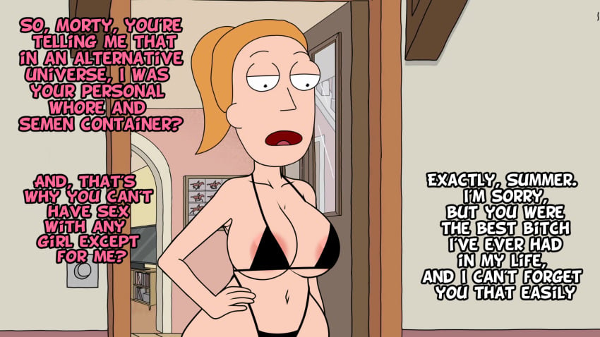 accurate_art_style areola_slip big_sister bikini bra brother_and_sister casual clothing edit edited english english_text female female_only human implied_incest incest large_breasts little_brother morty_smith offscreen_character older_sister orange_hair pale_skin rick_and_morty screencap screenshot screenshot_edit steca summer_smith swimwear text thelazyart younger_brother